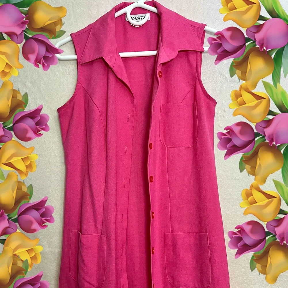 Vintage Habits Lagenlook Sleeveless Button-Front Pink Fuchsia Shirt Dress S-8P - Picture 3 of 7